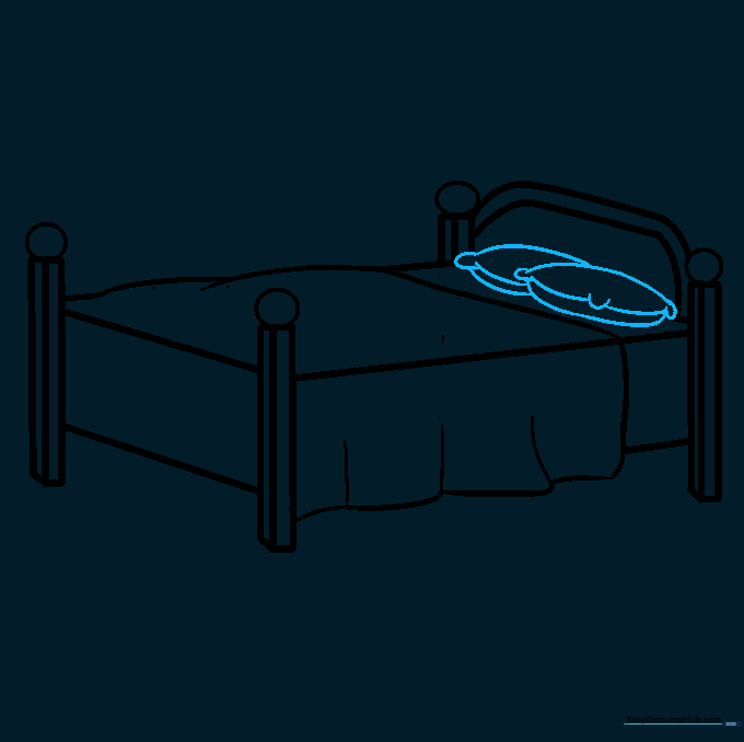 Two oval shapes with seam details representing fluffy pillows on the bed.