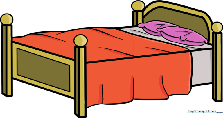 A colorful, finished illustration of a bed, perfect for kids' art projects.