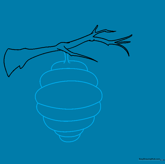 Outline of a pear-shaped beehive hanging from a branch.