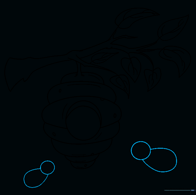 Basic shapes for two bees drawn near the beehive entrance.