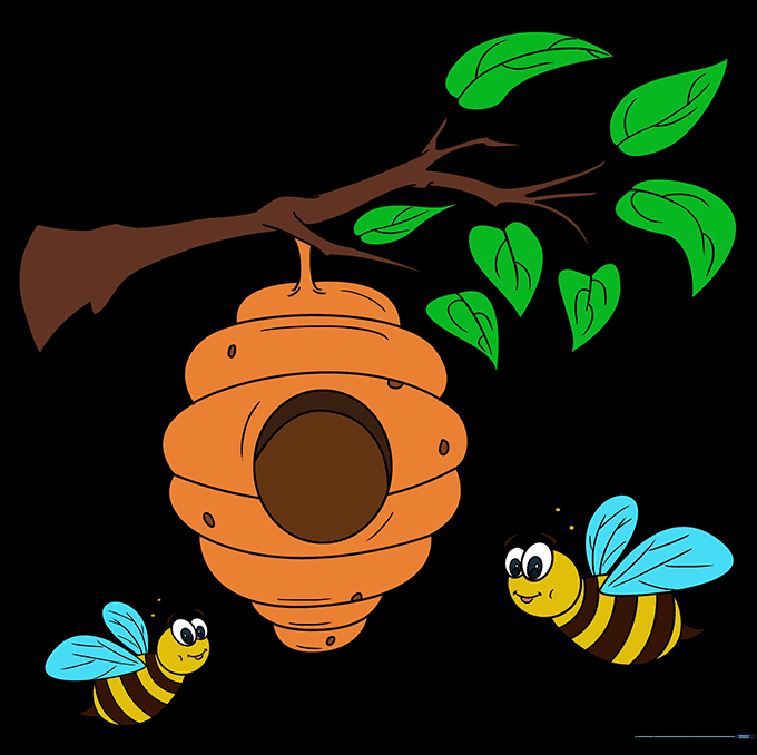 The finished, colored drawing of a bee hive with two happy bees.