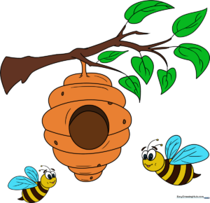 Colorful, completed illustration of a cartoon bee hive hanging from a tree branch with two bees.