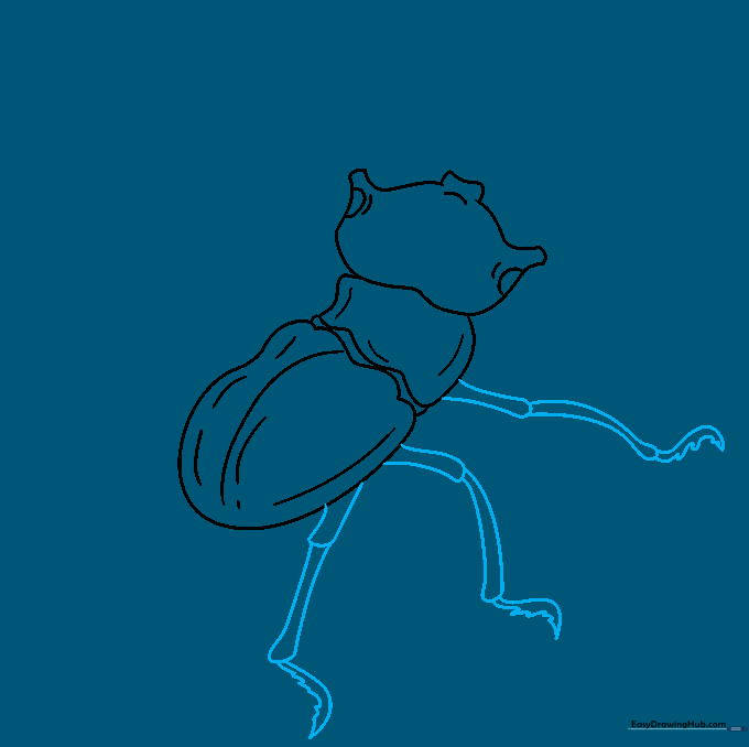 Drawing the first set of beetle legs with jagged foot details.