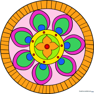 A colorful, finished beginner mandala drawing, showcasing symmetrical patterns and vibrant colors.