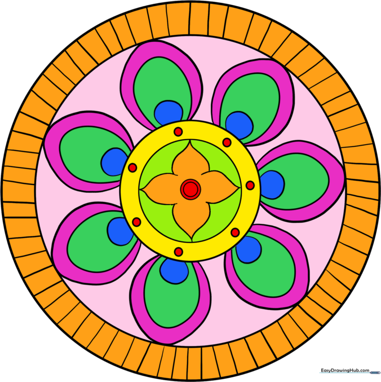 A colorful, finished beginner mandala drawing, showcasing symmetrical patterns and vibrant colors.