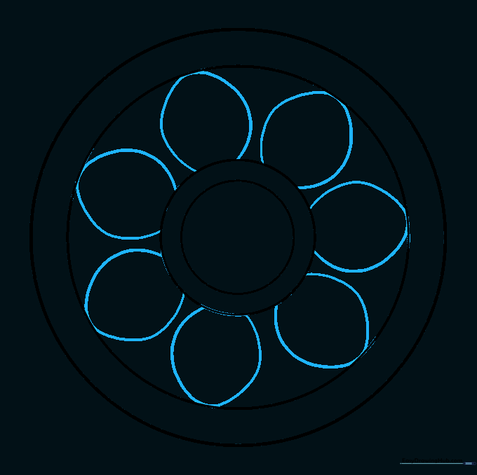 Petal-shaped segments drawn between the outer circles of the mandala.