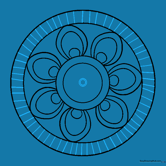 Small, evenly spaced lines added to the outer rim and a central focal point in the mandala.