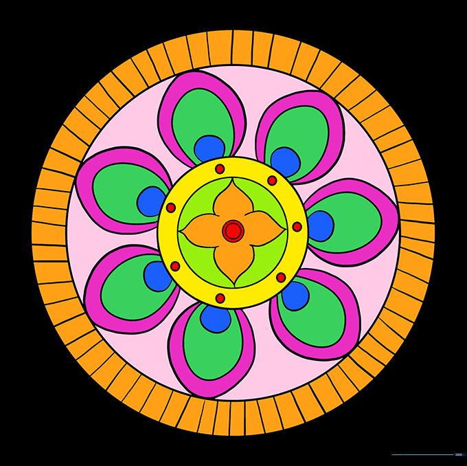 A fully colored, vibrant mandala drawing with symmetrical patterns.