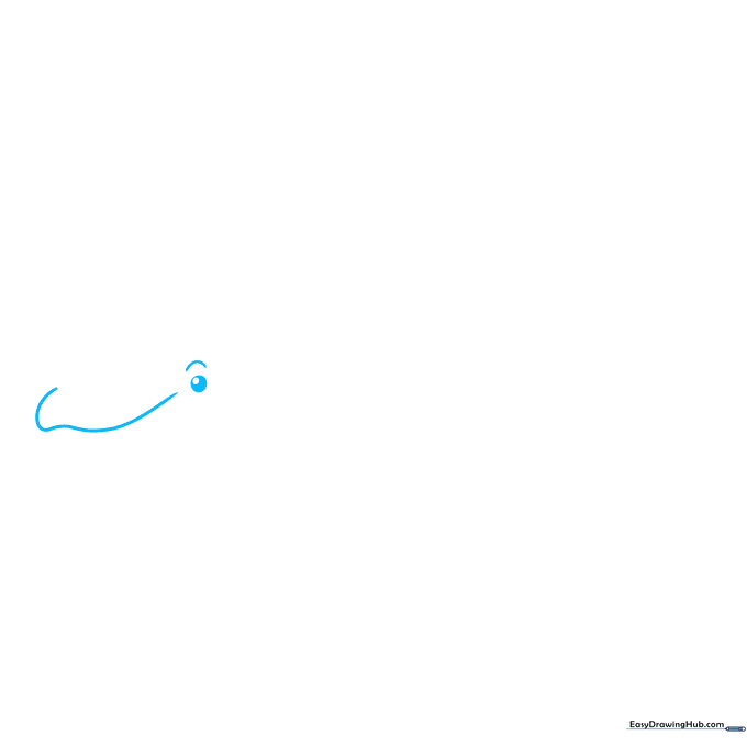 Pencil sketch showing the initial wavy mouth line and a single eye with an eyebrow for a beluga whale.