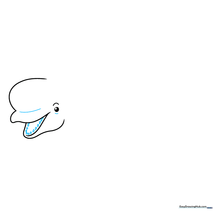 Adding small, rounded triangular teeth inside the open mouth of the whale drawing.