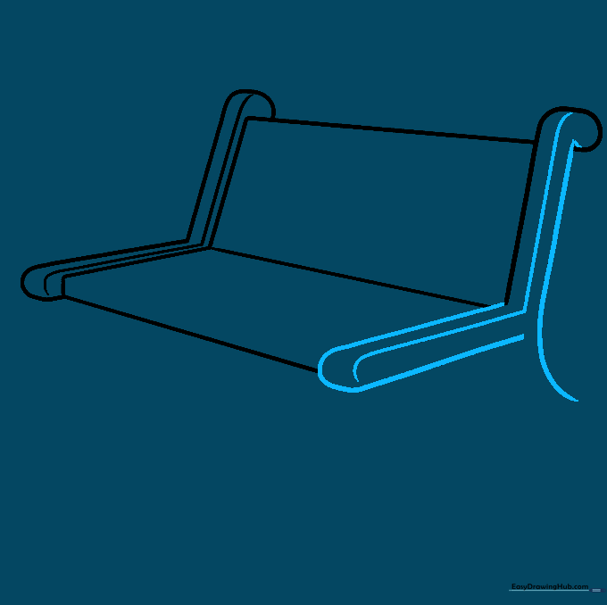 Drawing the side rail of the bench with a curved, three-dimensional frame effect.