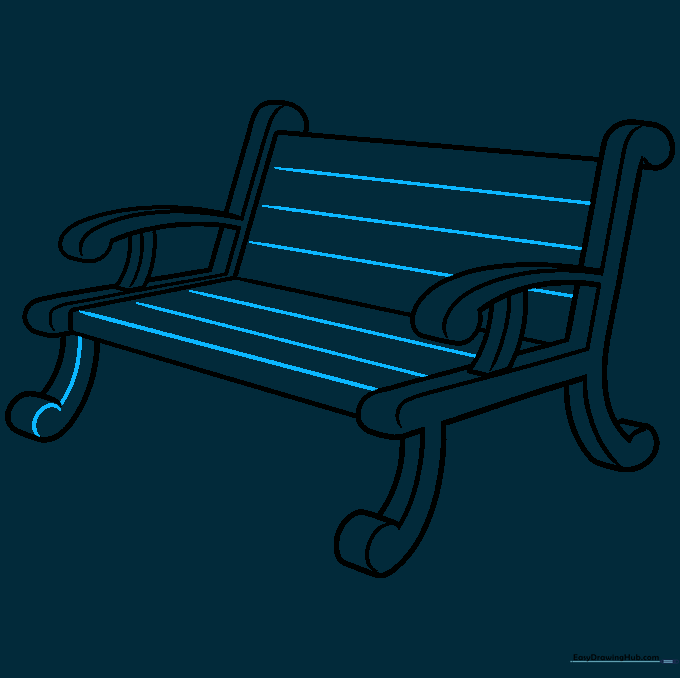 Adding horizontal lines to the seat and backrest to represent wooden slats.