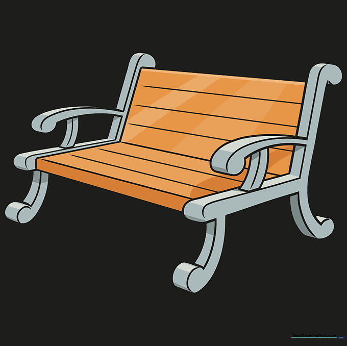 A fully colored, cartoon-style park bench with grey metal and brown wooden textures.
