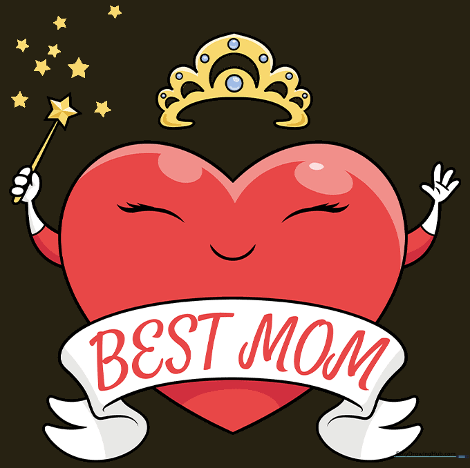 The finished drawing is fully colored with a red heart, yellow crown, and vibrant banner.