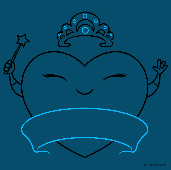 The crown now has jewels and a banner is drawn across the heart's chest.