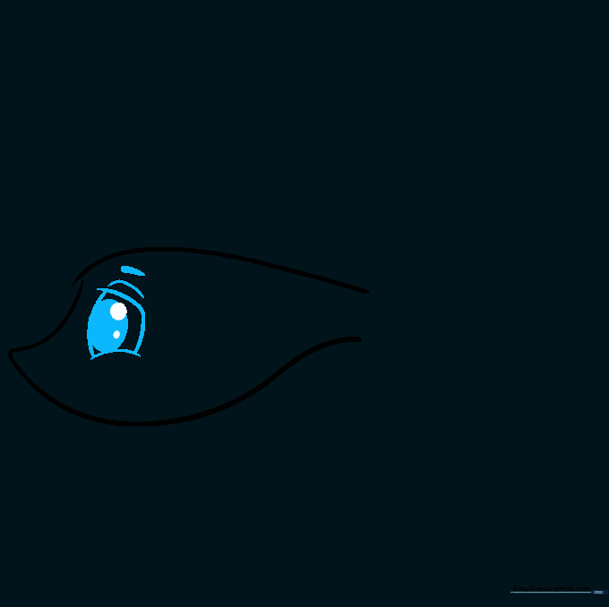 Close up of the Betta fish eye with a shaded pupil and eyebrow line.