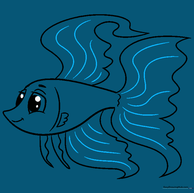 Adding fine, flowing lines to texture the fins and tail.