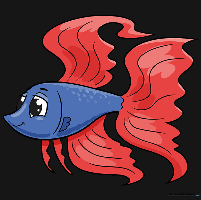 The final colored Betta fish drawing with vibrant blue and red tones.