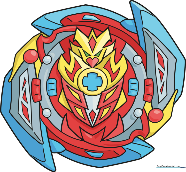 A high-quality, colorful illustration of a custom Beyblade design.