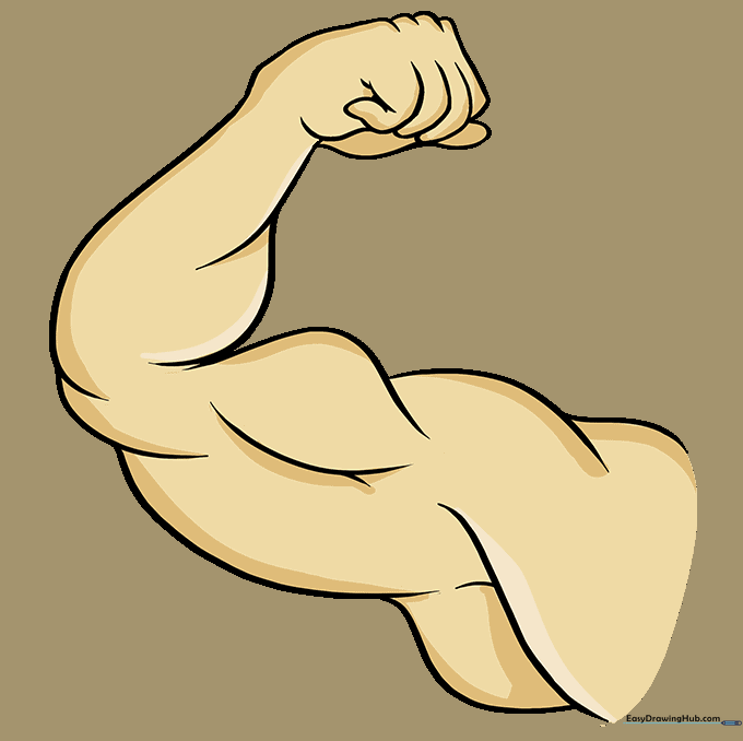 Completed colored drawing of a muscular arm in a flexing pose.