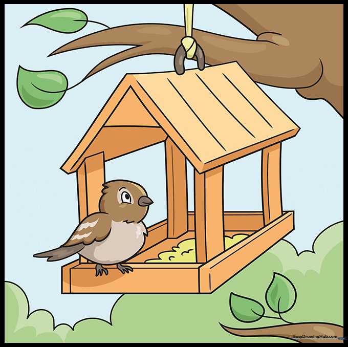 A fully colored, vibrant drawing of a bird feeder with a sparrow.