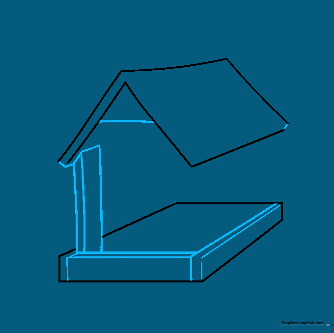 Drawing the vertical wall supports and roof details of the bird feeder.