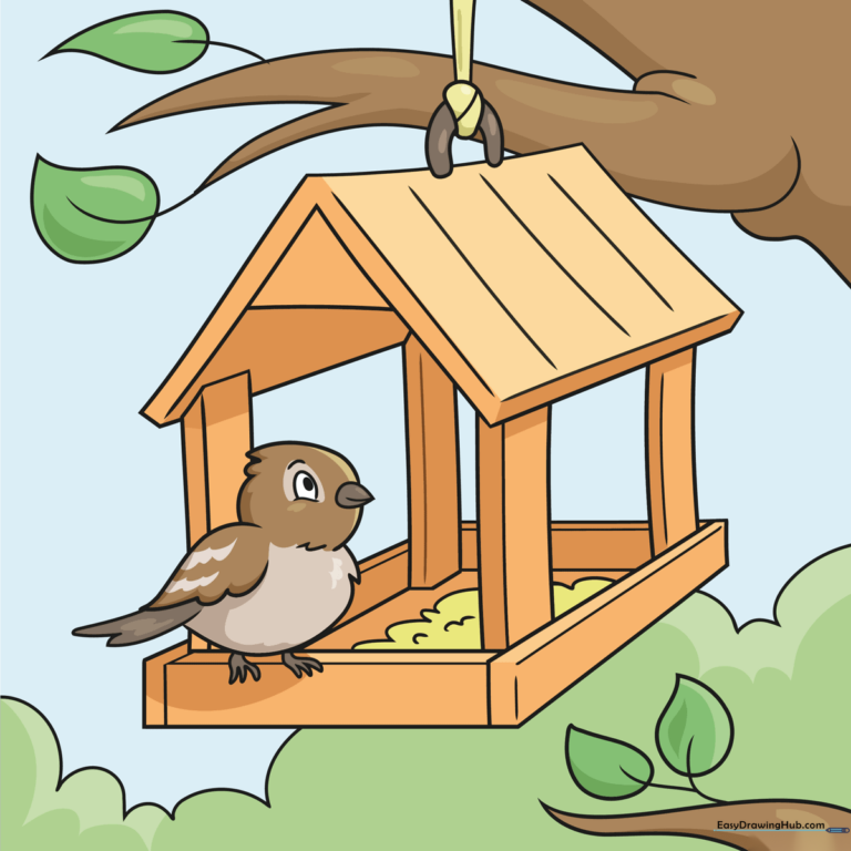 A finished, colorful drawing of a wooden bird feeder hanging from a branch with a small bird.