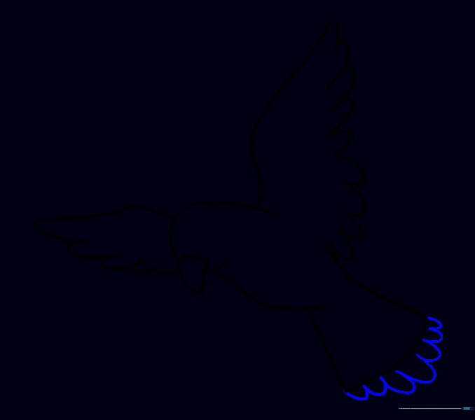 Drawing feather details on the bird's tail.
