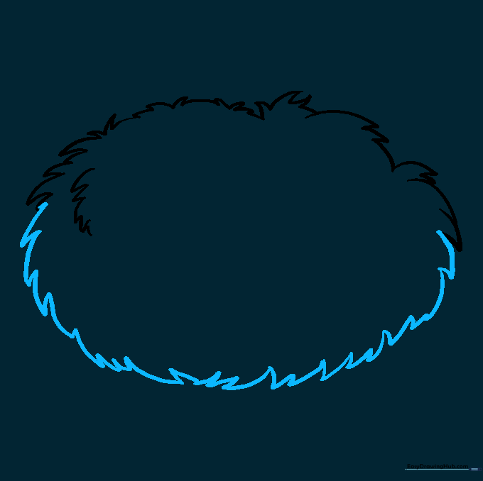 Drawing the full rounded bowl shape of the bird nest using textured, jagged pencil strokes.