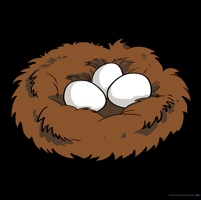 Finished bird nest drawing colored with earthy tones and speckled eggs.