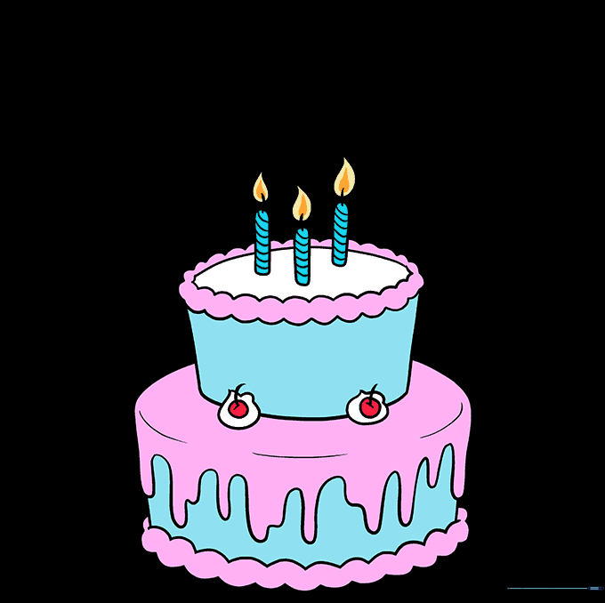 The final colored birthday cake drawing with bright, festive colors.