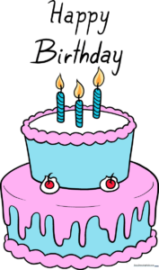 A colorful, finished birthday cake drawing with candles and festive lettering.