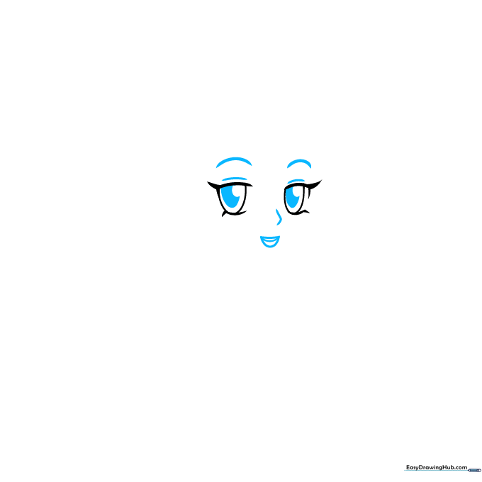 Detailed facial features including eyebrows, nose, mouth, and shaded pupils.