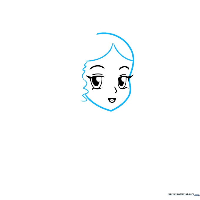 Outline of the face shape and initial hair structure with an inverted V hairline.