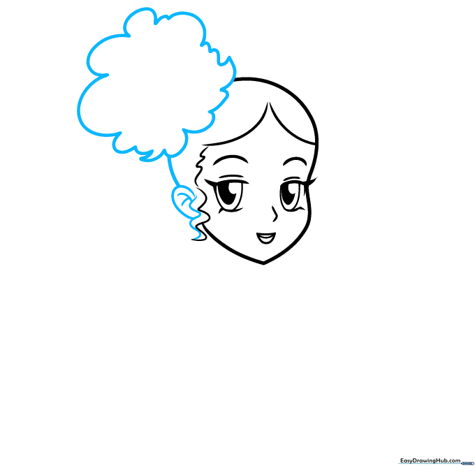 Drawing the first voluminous ponytail and ear detail.