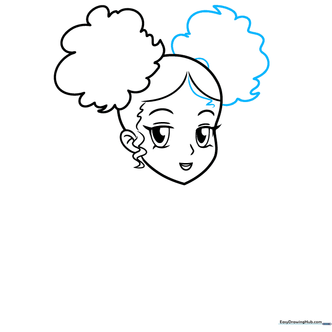 Adding the second ponytail and a forehead curl for a balanced hairstyle.