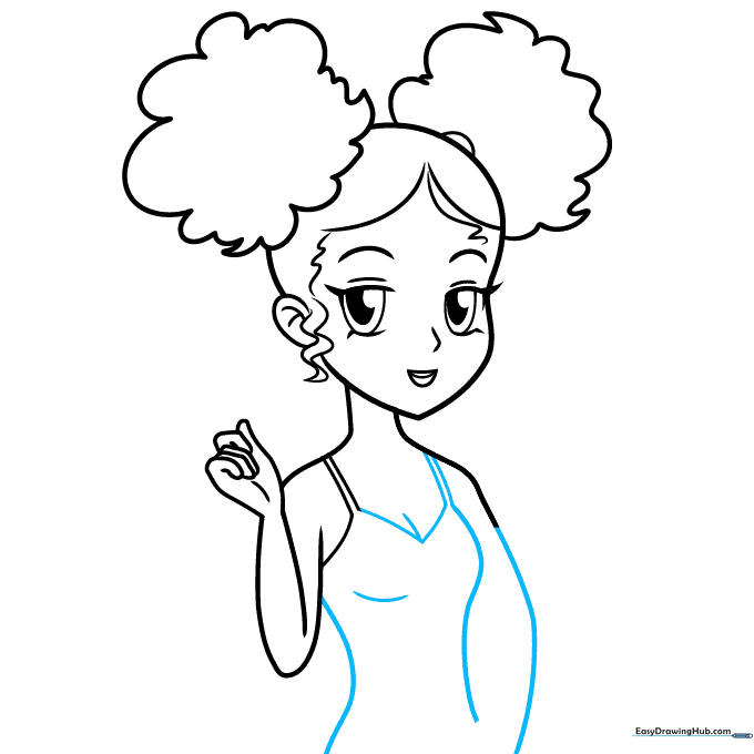 Completing the torso and neckline details for the character's outfit.