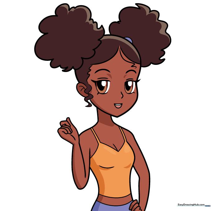 A fully colored and shaded black anime girl character.