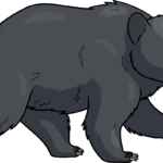 A friendly, cartoon-style black bear standing in a forest setting.