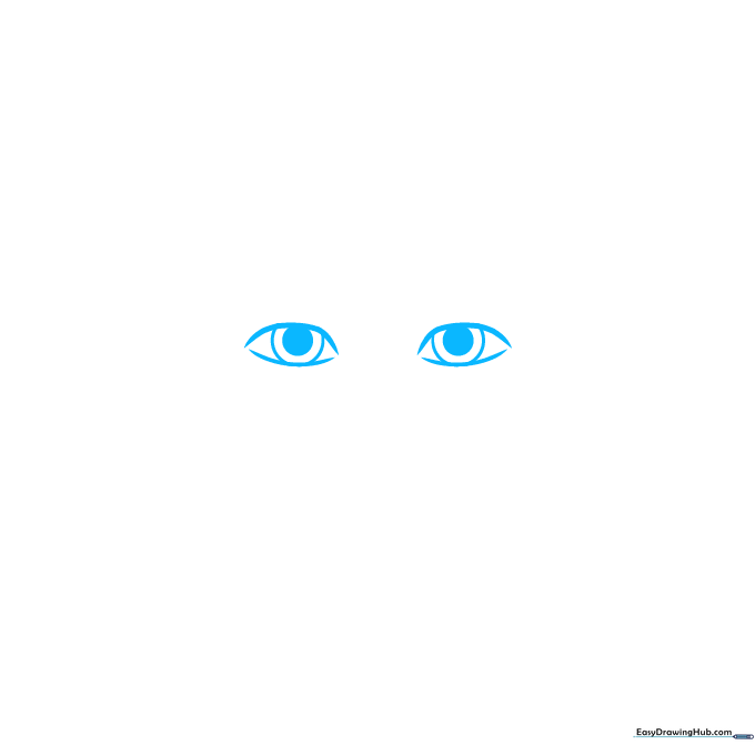 Close up of two cartoon eyes with pupils and curved eyelid lines drawn on white paper.