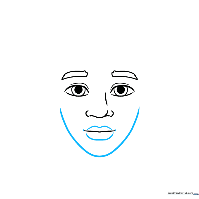 Outlining the chin, jaw, and lips to complete the lower face shape.