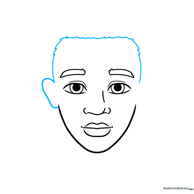 Drawing the ear and the start of the hairline on the side of the head.