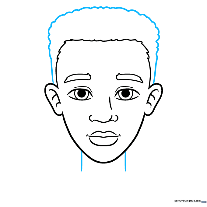 Adding hair texture with short curved lines and drawing the neck.