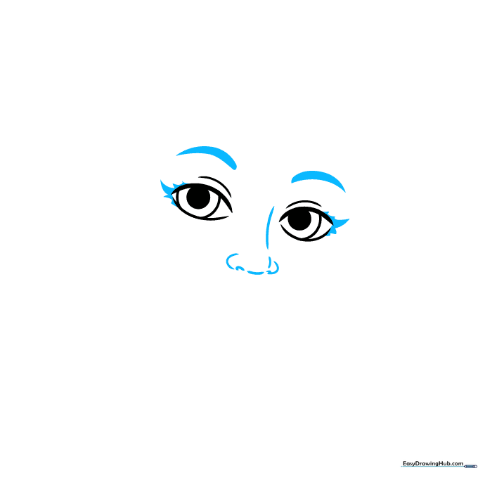 Drawing of eyebrows, eyelashes, and a simple nose structure.