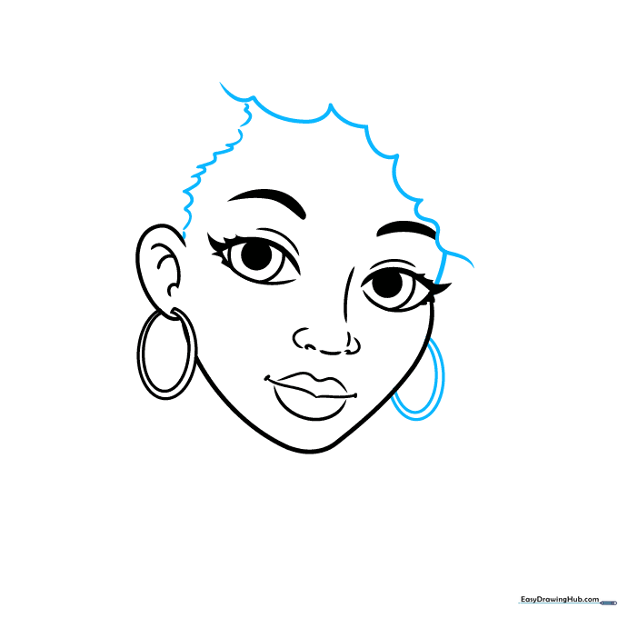 Sketch showing the hairline and both hoop earrings.