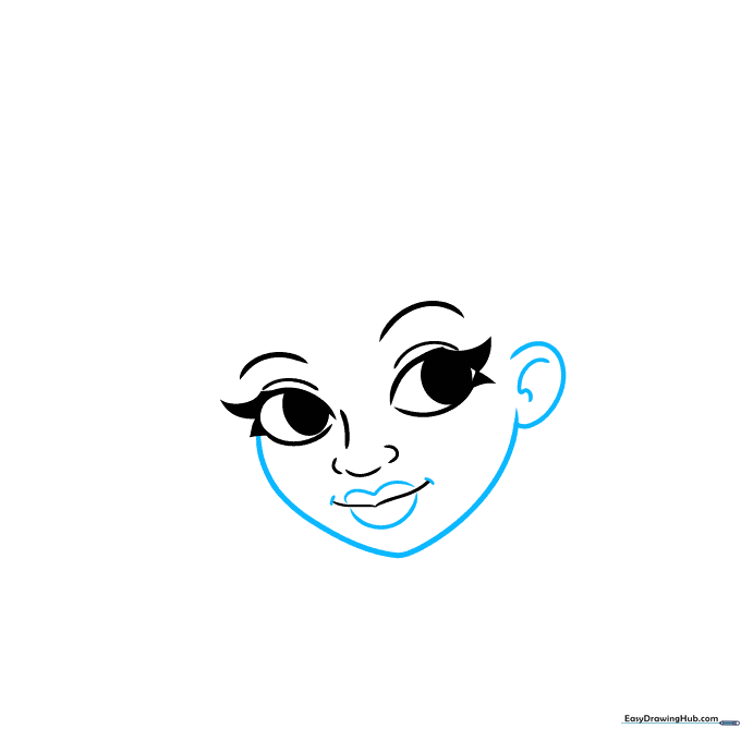 Refining the face shape with a chin, ear, and detailed lips.