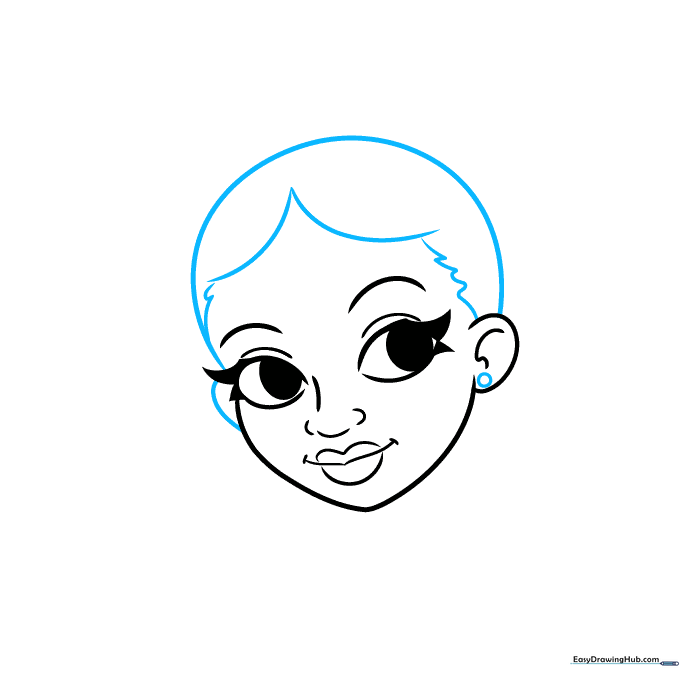 Drawing the hairline and adding a small earring to the cartoon character.