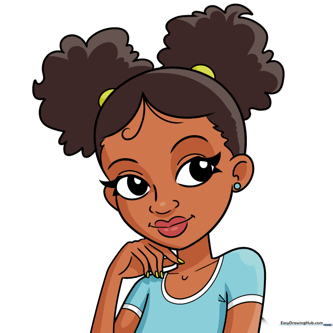 The completed, colored cartoon drawing of a girl.