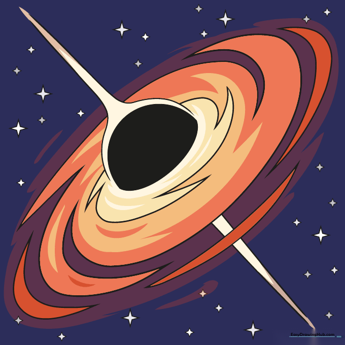 A fully colored black hole drawing with purple and orange accretion disk and black center.
