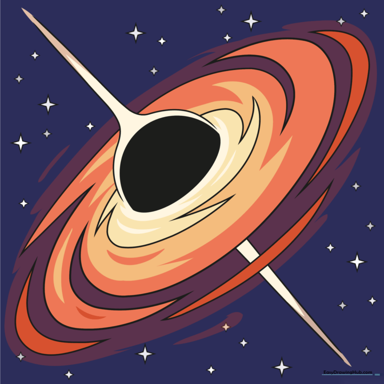 Colorful, finished drawing of a black hole with a swirling accretion disk and stars.